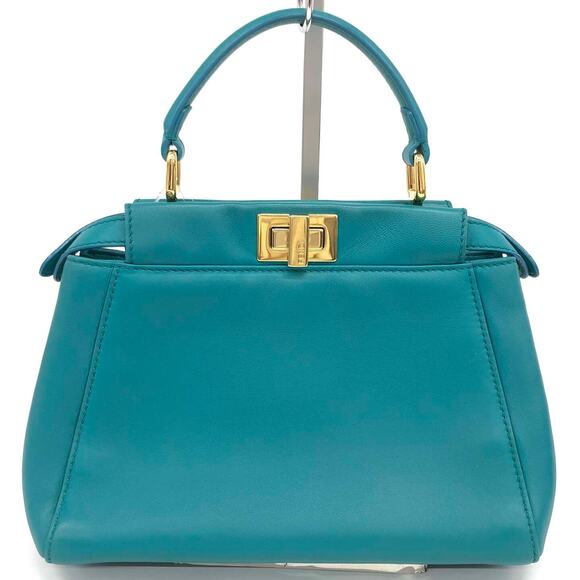 Fendi Teal Mini Peekaboo Bag Nappa Iconic Satchel Lago Teal Shoulder Handbag - Picture 2 of 15